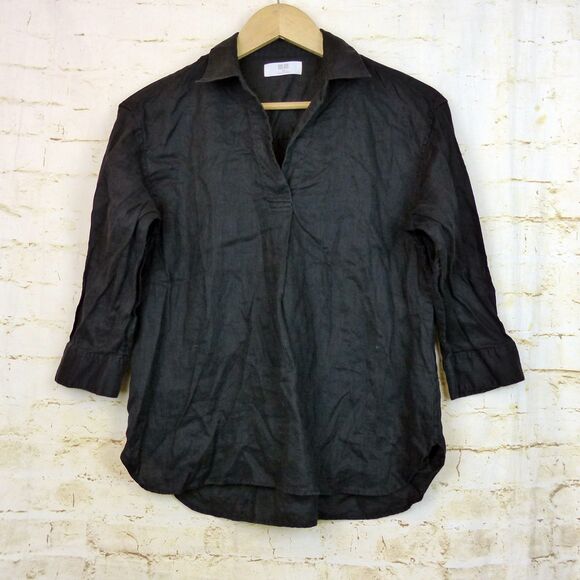 Uniqlo Shirt Womens XS Relaxed Black 100% Linen Skipper Collar Popover ¾ Sleeve - Picture 3 of 12